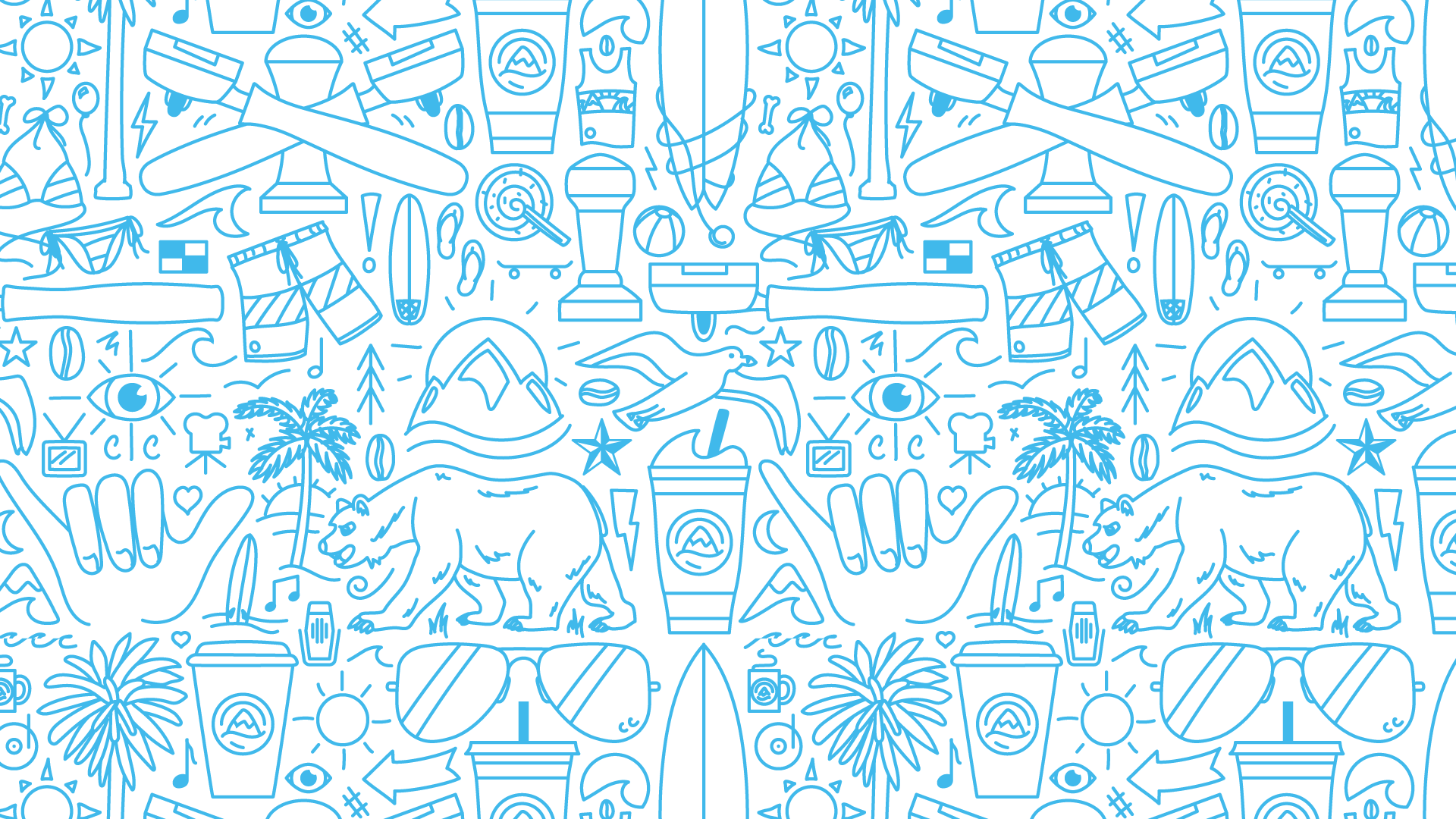Cali Coffee Iconoflage pattern detail featuring California bears, palm trees, surfboards, coffee cups, and Hollywood Florida beach elements in blue line art
