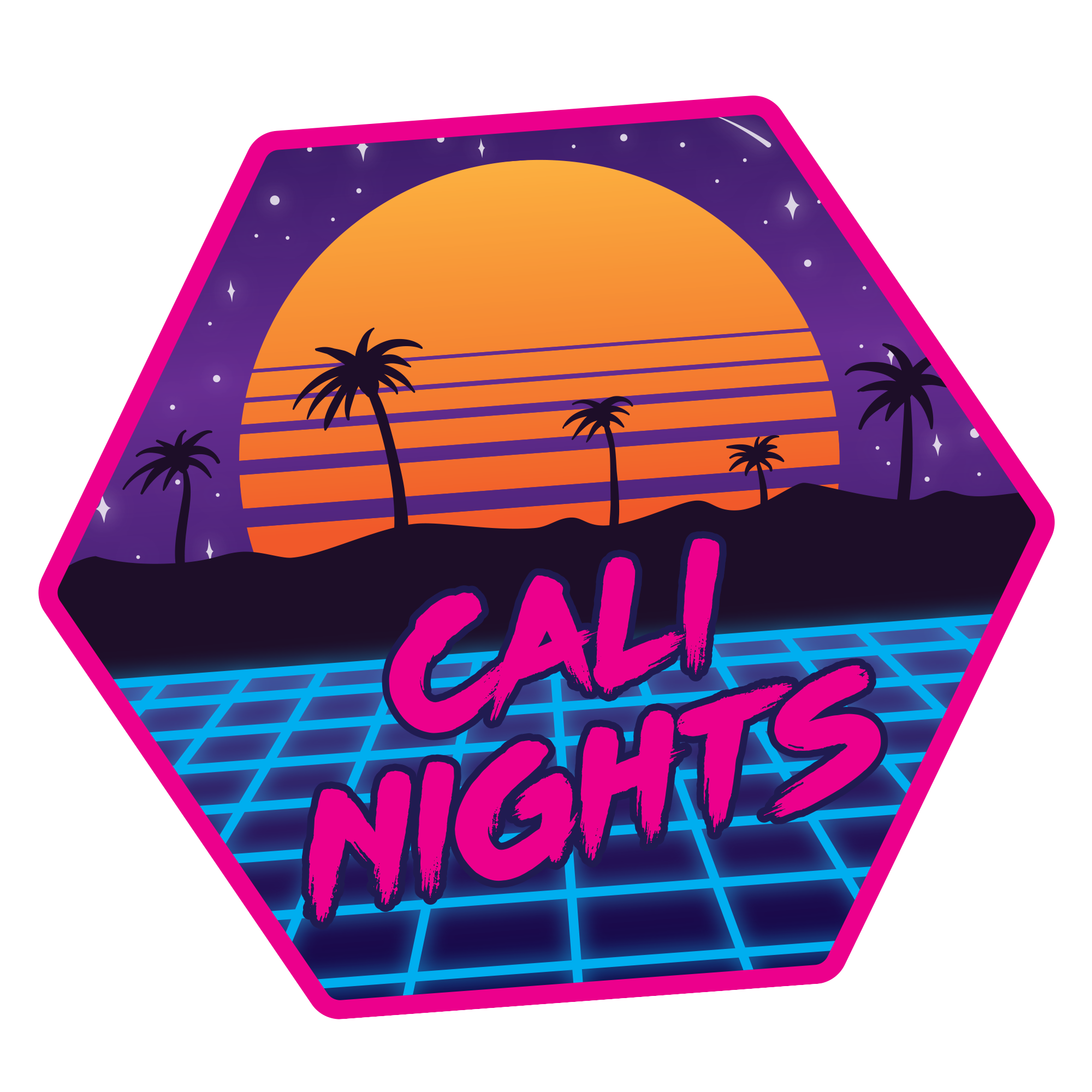80's-themed "Cali Nights" illustration in neon pink and blue with a golden orange sunset behind a silhouette of palm trees and sand dunes