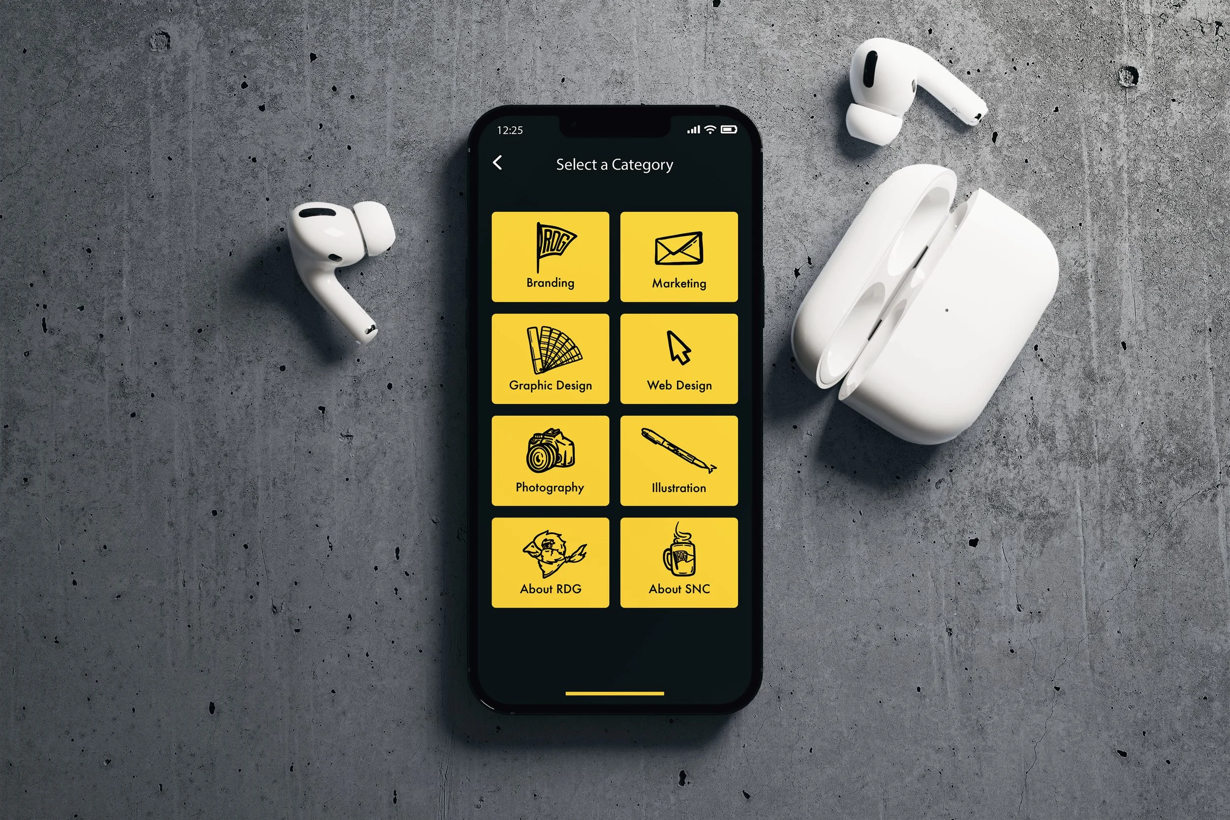 iPhone displaying mobile navigation menu with yellow illustrated department icons on dark background with AirPods