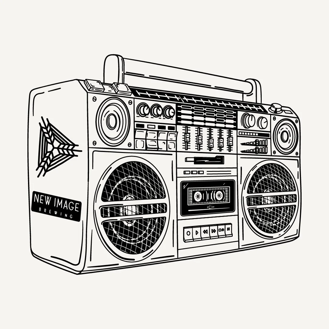 Hand-drawn illustration of vintage boom box stereo with New Image Brewing branding and cassette tape detail