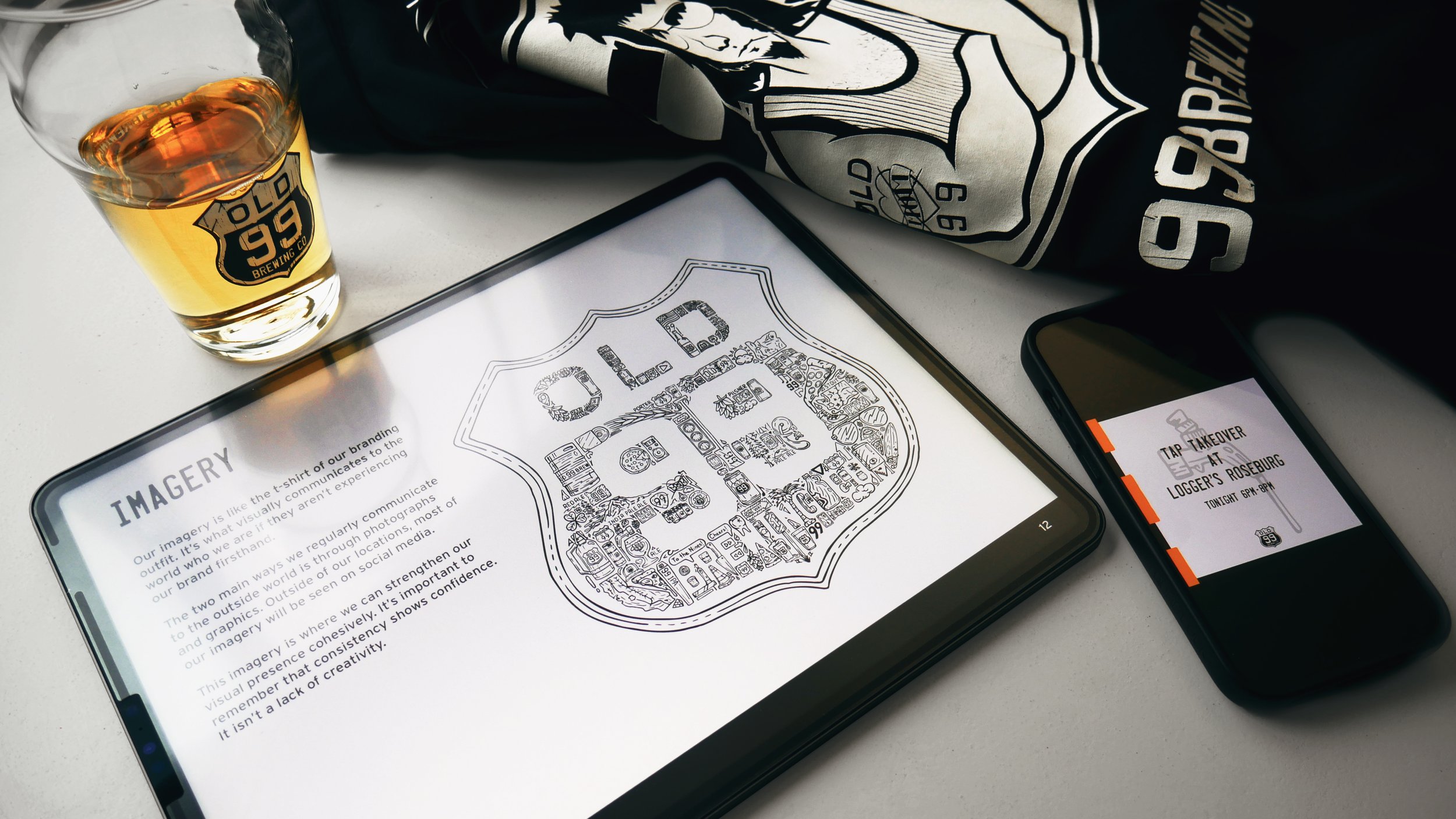 Old 99 Brewing Co brand style guide displayed on iPad with Iconoflage beer glass