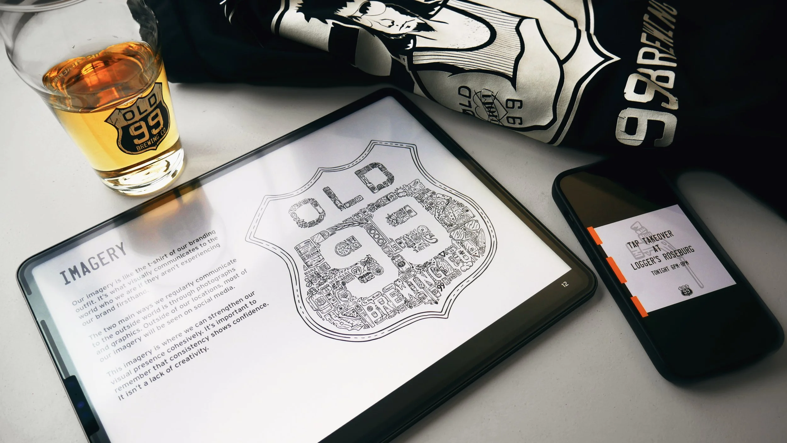 Old 99 Brewing Co brand style guide displayed on iPad