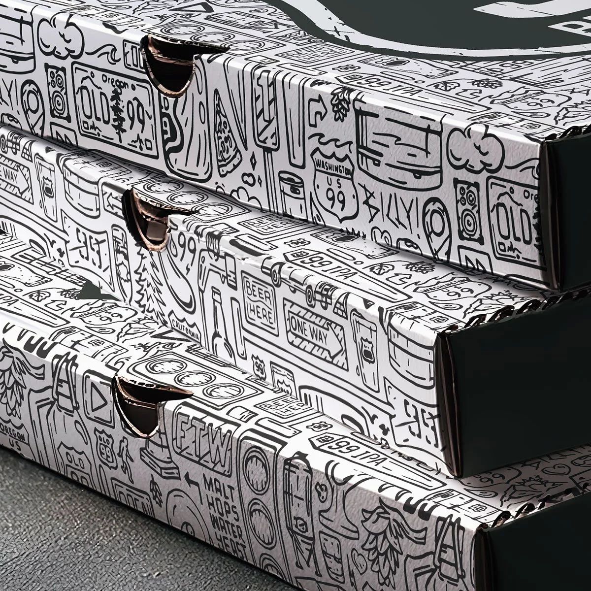 Old 99 Brewing Co brand story illustration pizza box artwork by Scott Hofford