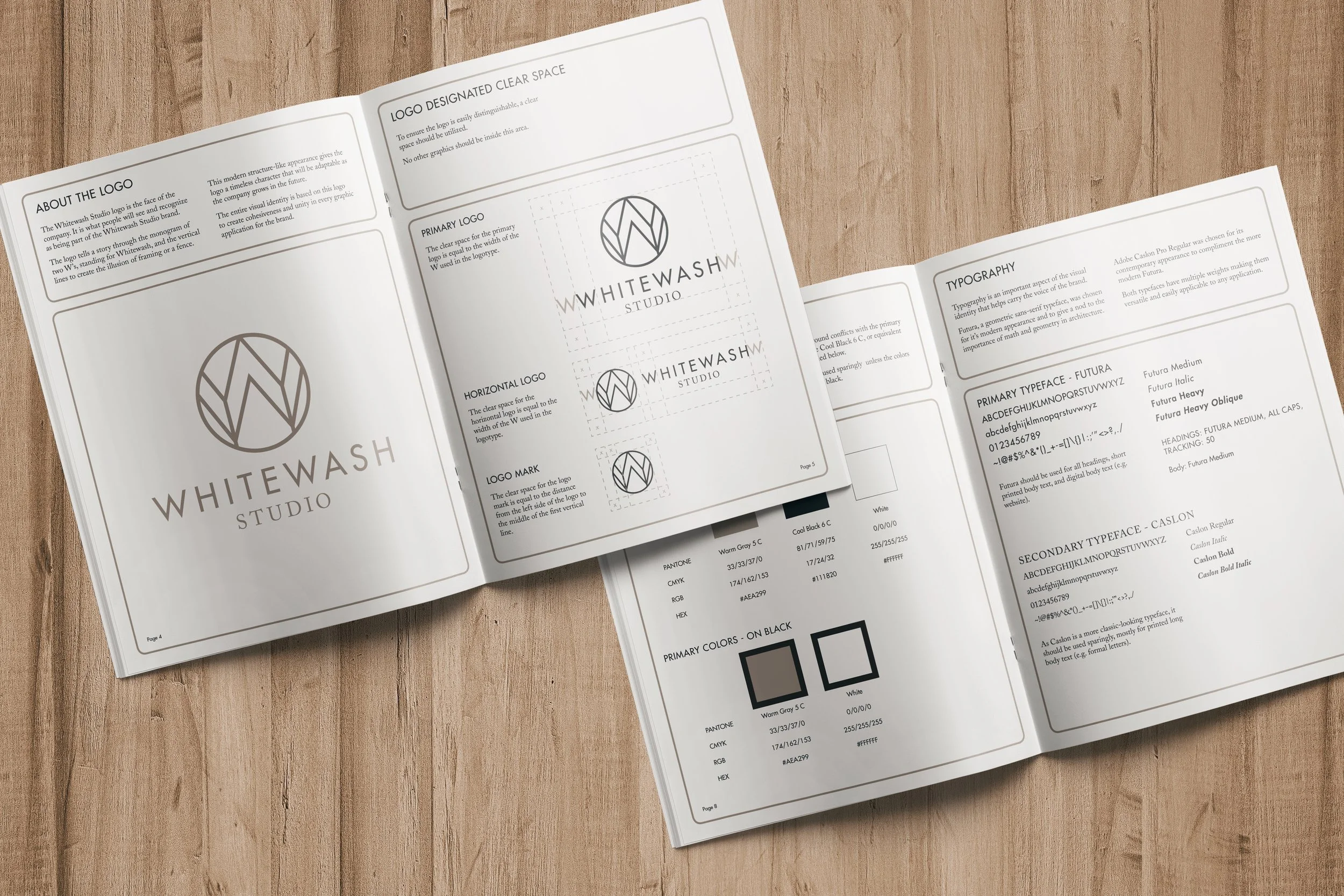 Open brand style guide showing Whitewash Studio logo specifications and usage guidelines