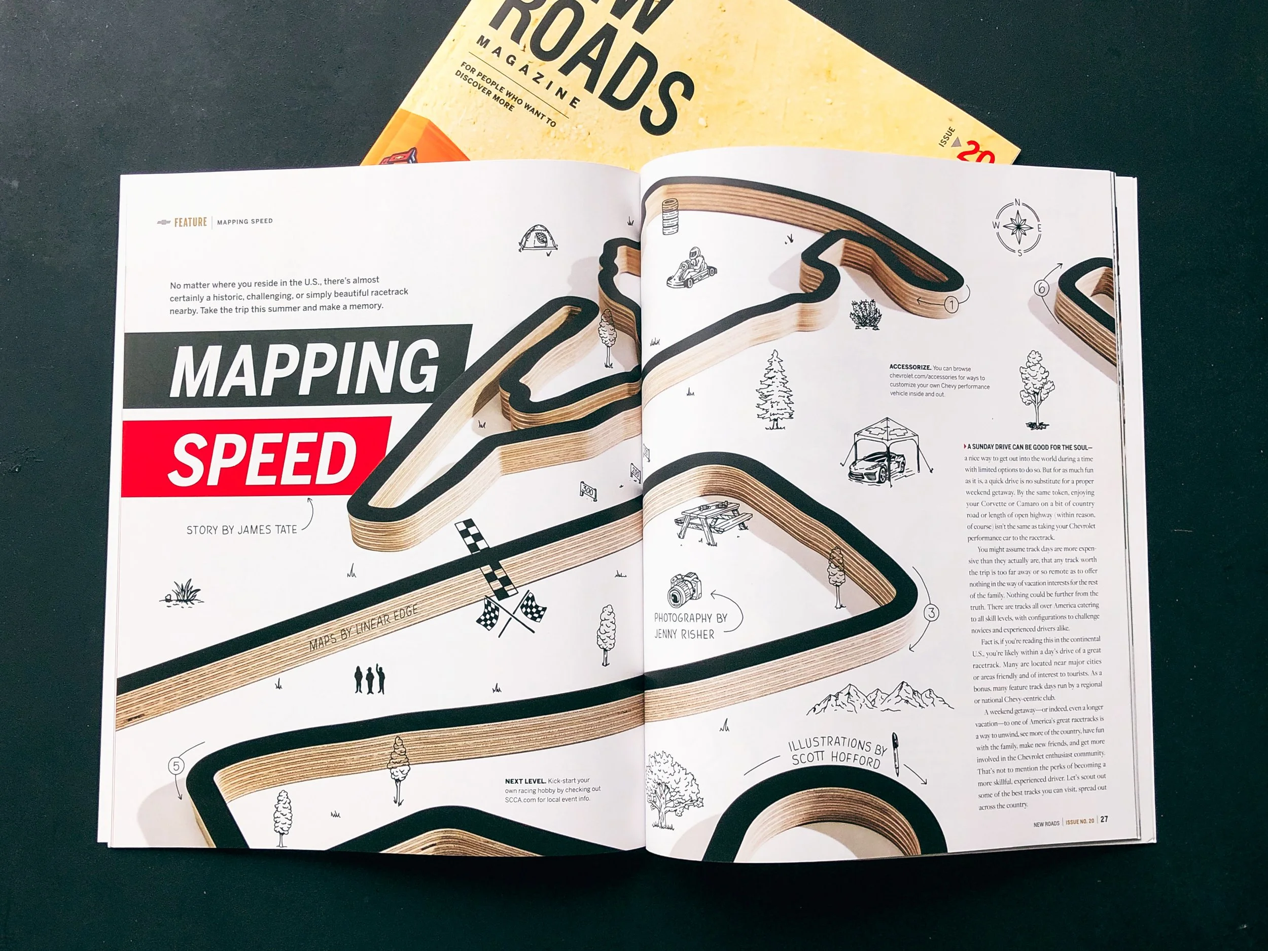 Opening spread of Chevy New Roads Magazine 'Mapping Speed' article featuring large title treatment and illustrated racetrack with custom annotations