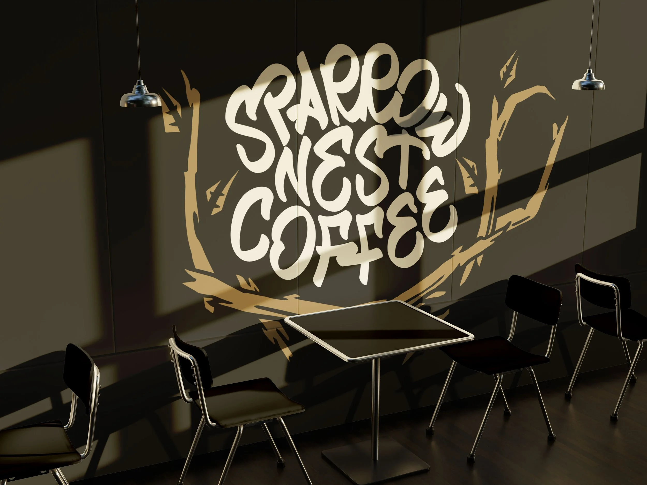 Sparrow Nest Coffee hand-lettered logo on interior wall mockup with tables and chairs