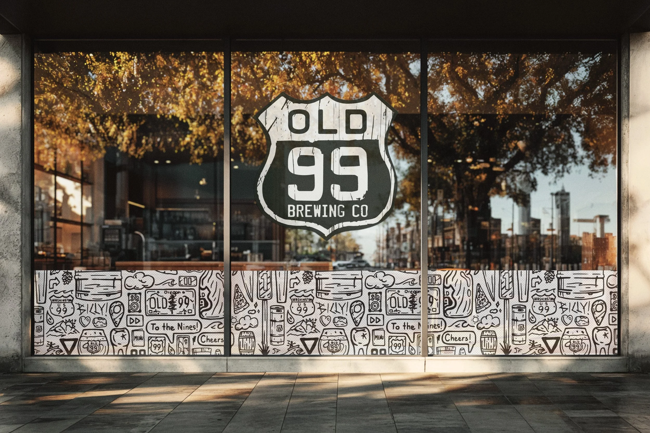 Old 99 Brewing Co. storefront windows featuring Iconoflage pattern border and shield logo, creating an engaging street presence