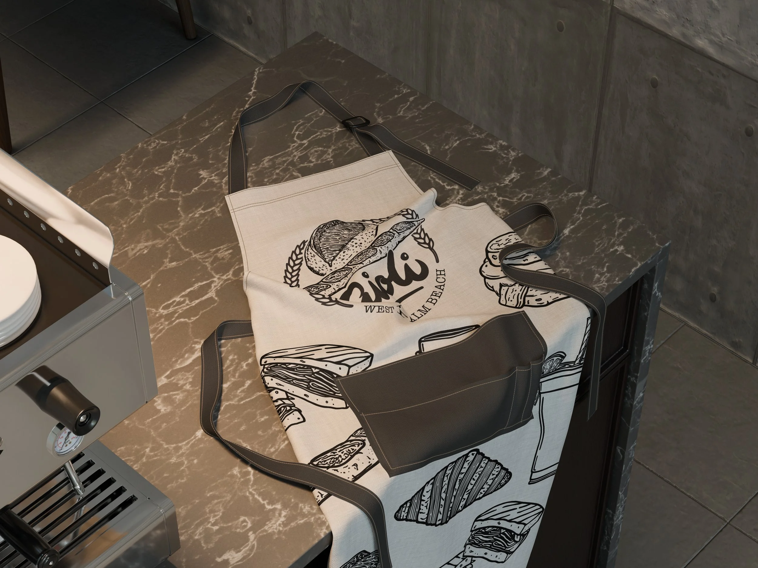 Aioli West Palm Beach branded apron featuring custom illustrated pattern of baked goods and drinks