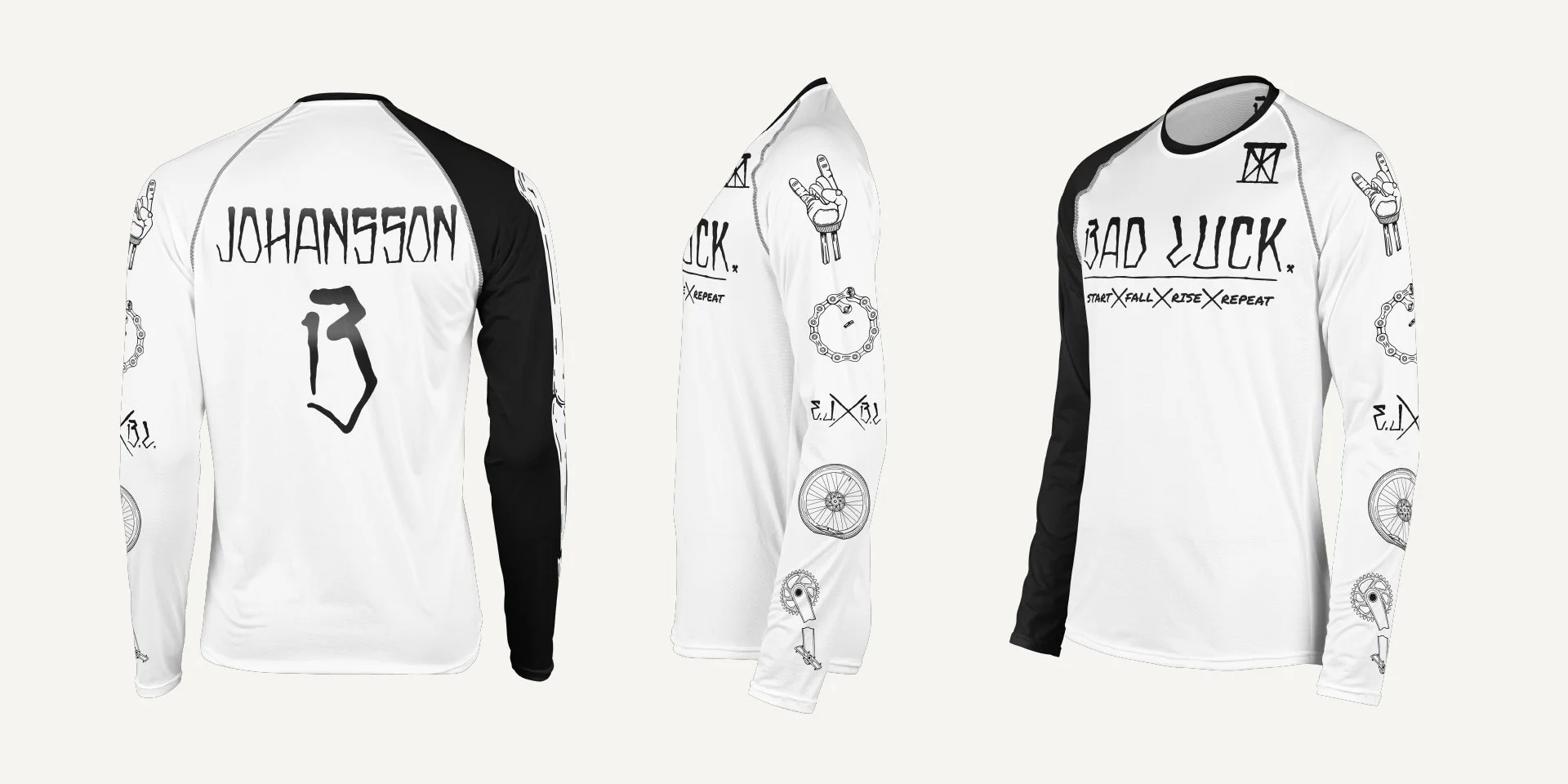 Bad Luck mountain bike jersey design showing back, left side, and front angles with MTB icons down left sleeve including broken chain and flat tire