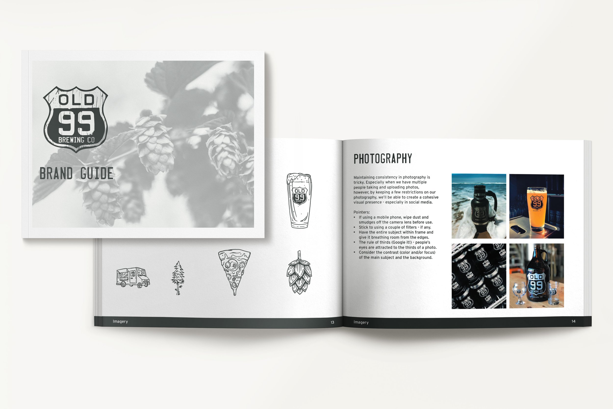 Old 99 Brewing Co printed brand style guide book showing photography guidelines and illustrations
