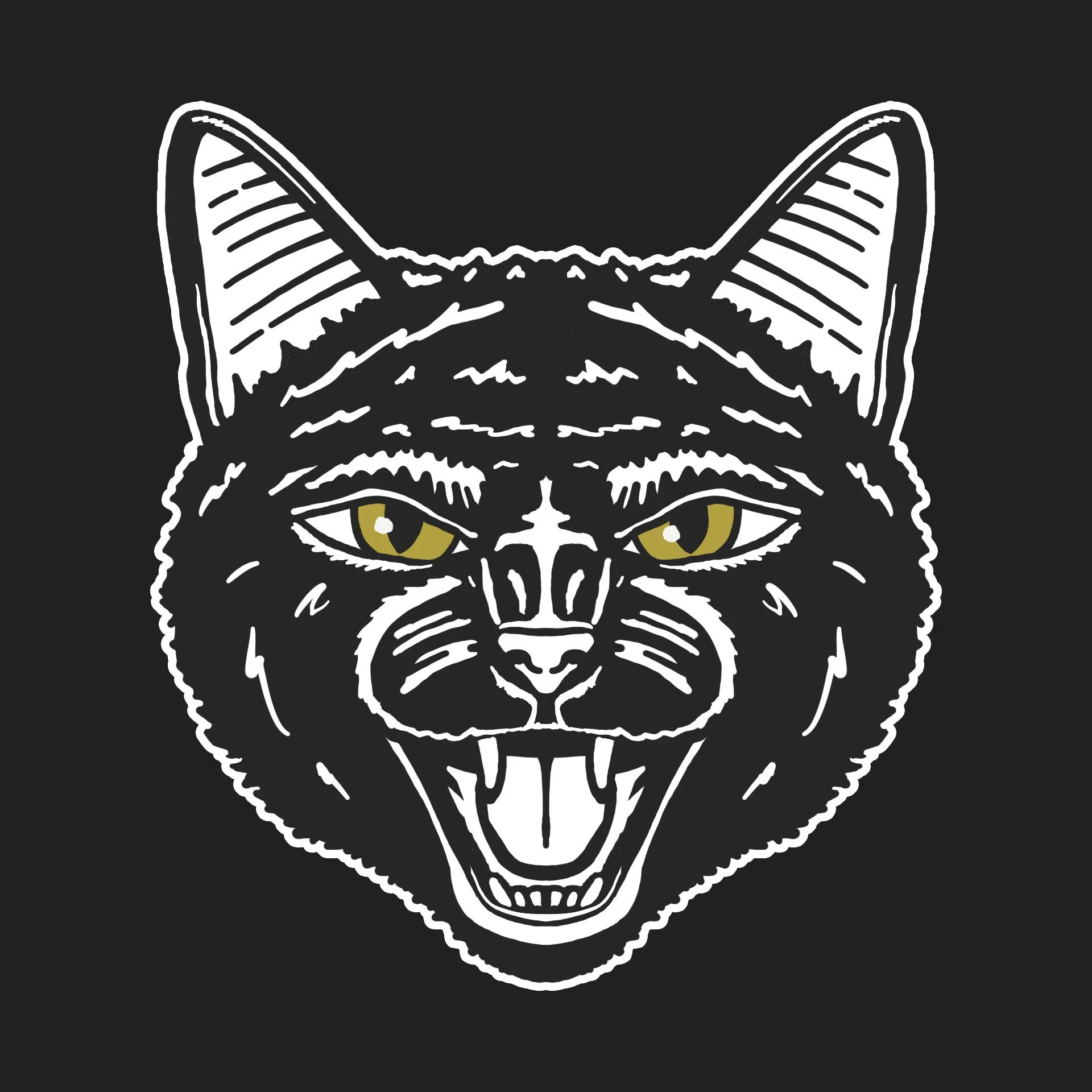 Aggressive hissing black cat face illustration with detailed line work