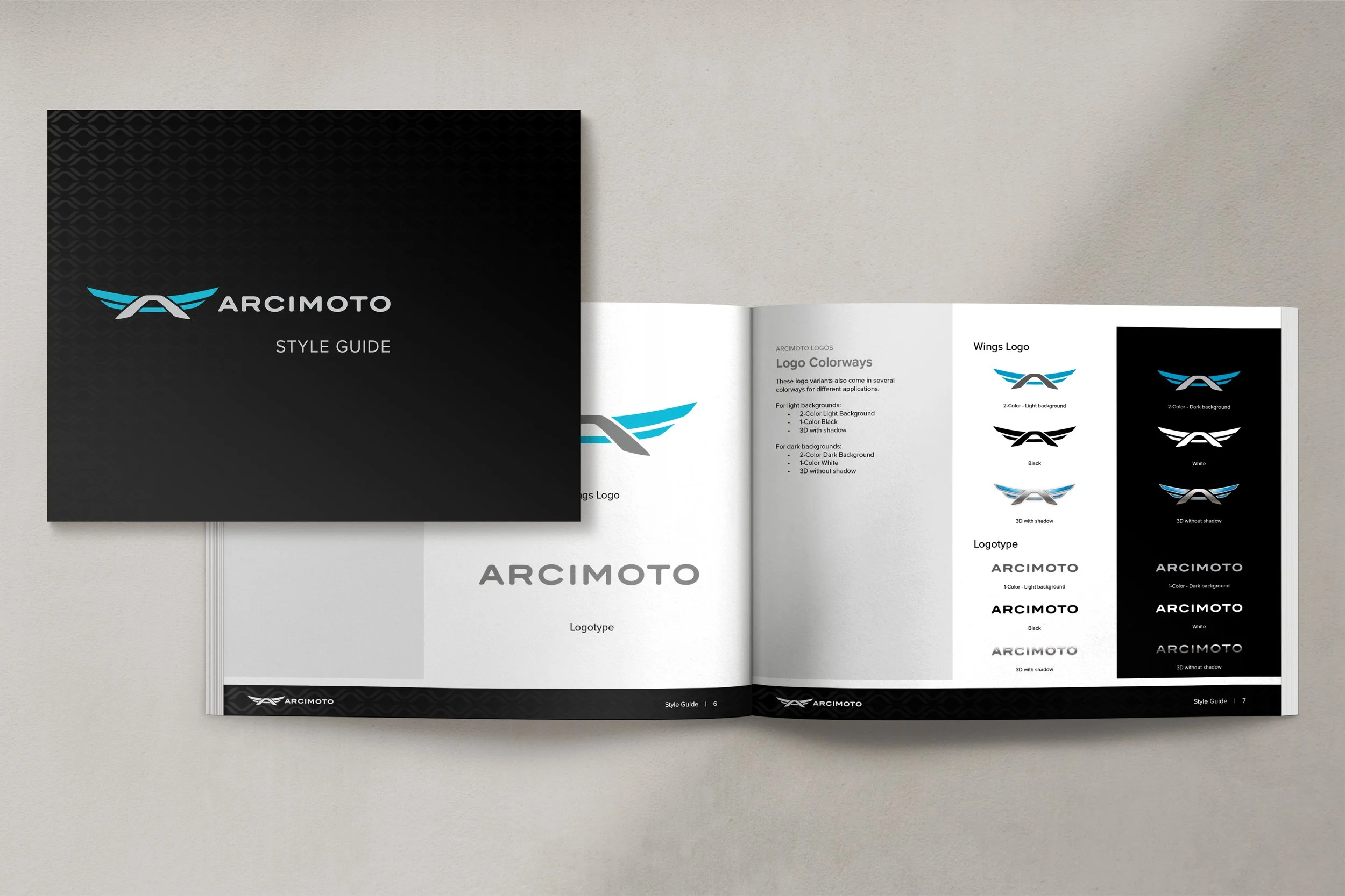 Arcimoto brand style guide showing logo variations and color palette on black and white pages