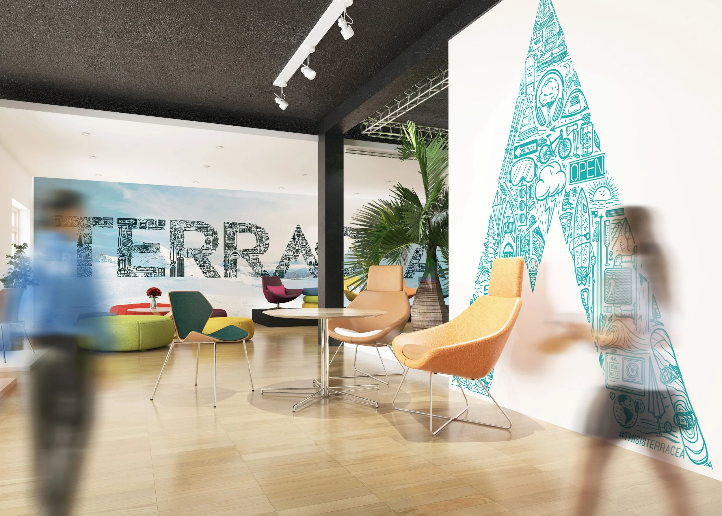 Terracea office space featuring Iconoflage wall graphics and modern furniture
