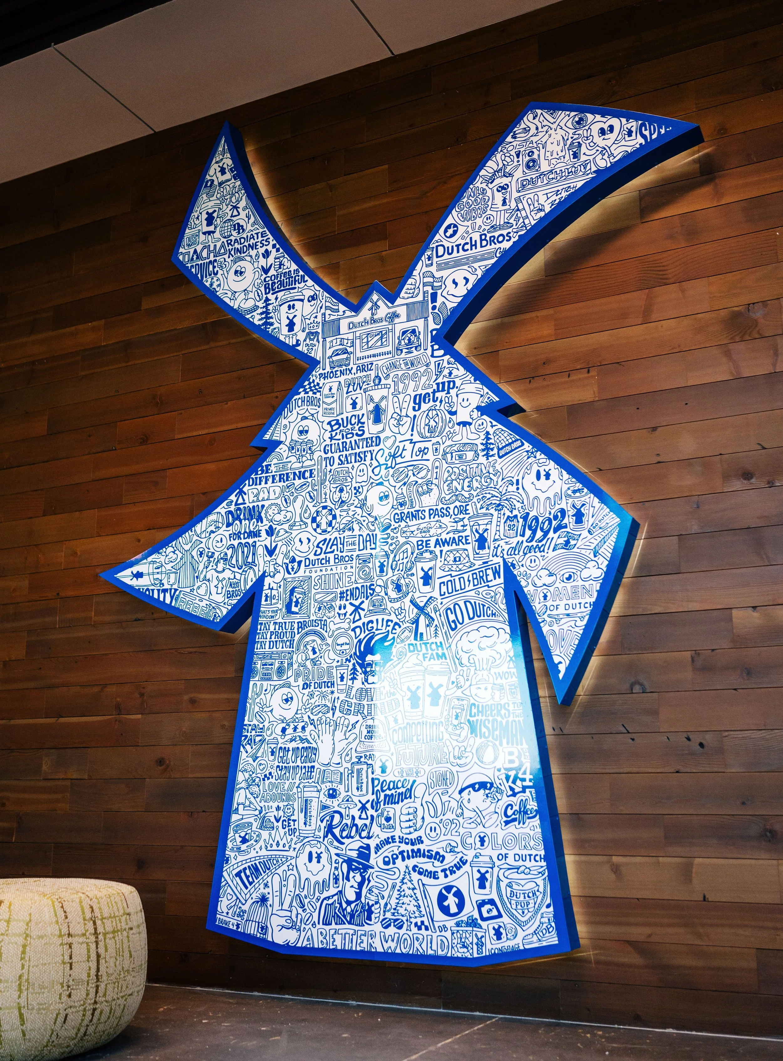 Dutch Bros Coffee illuminated Iconoflage windmill installation in headquarters lobby