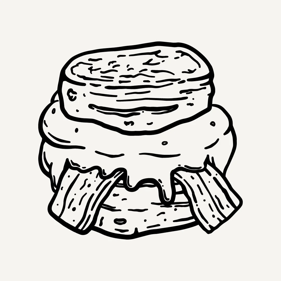 Hand-drawn illustration of cheddar bacon egg biscuit breakfast sandwich