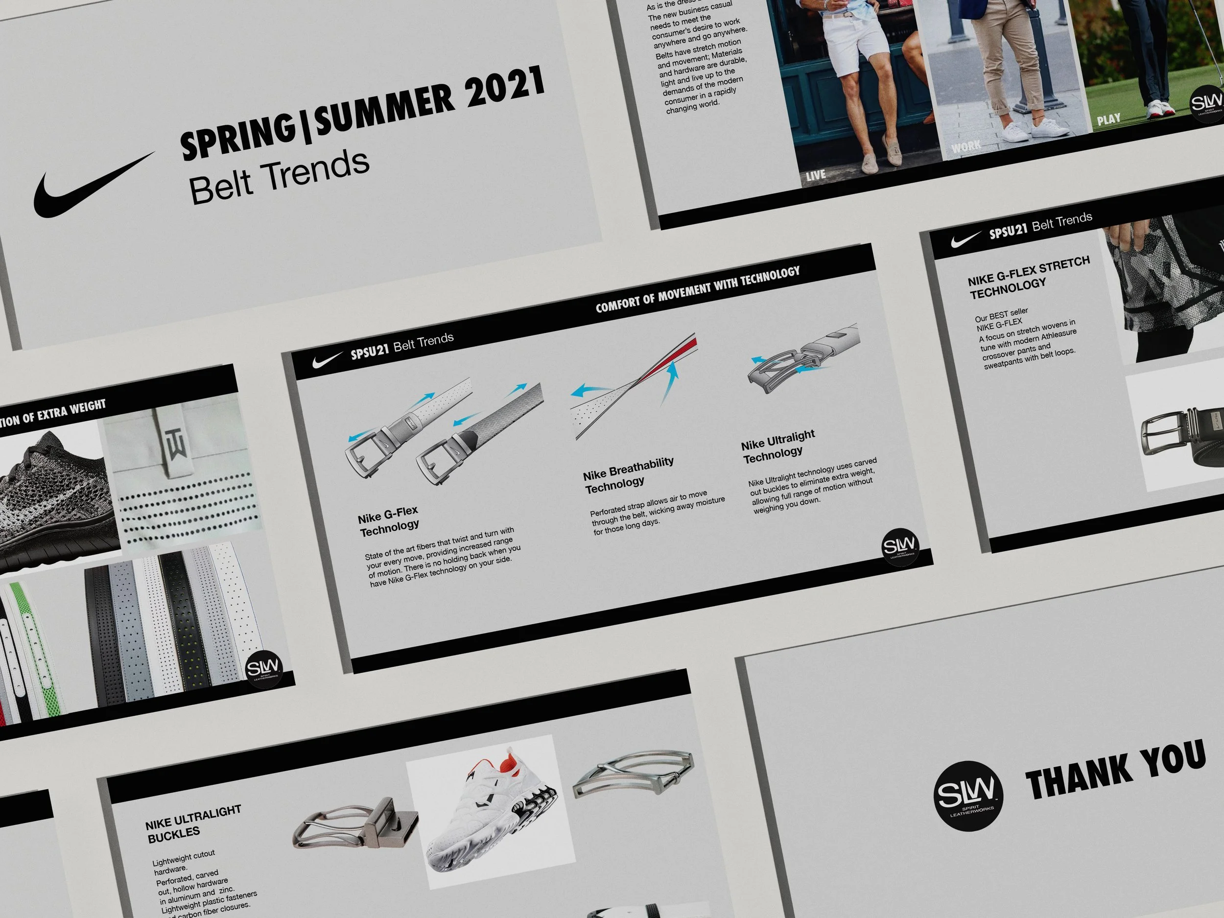 Nike Spring Summer 2021 Belt Trends presentation mockup showing multiple pages with product images and descriptions