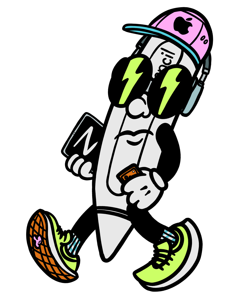 Apple pencil character drawing holding iPad and iPhone and wearing a pink Apple branded hat and AirPods Max