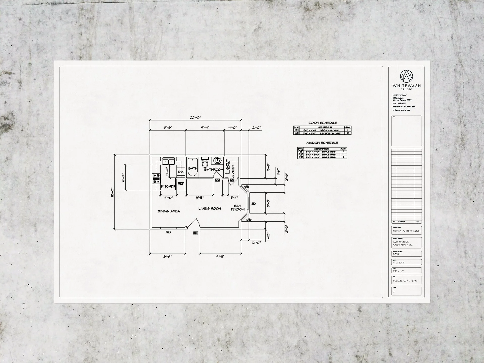 Architectural blueprint template with Whitewash Studio branding showing residential floor plan