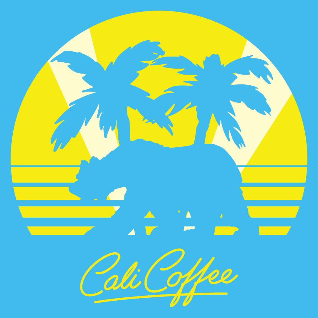 Sunset illustration with silhouette of bear and palm trees in yellow and blue brand colors