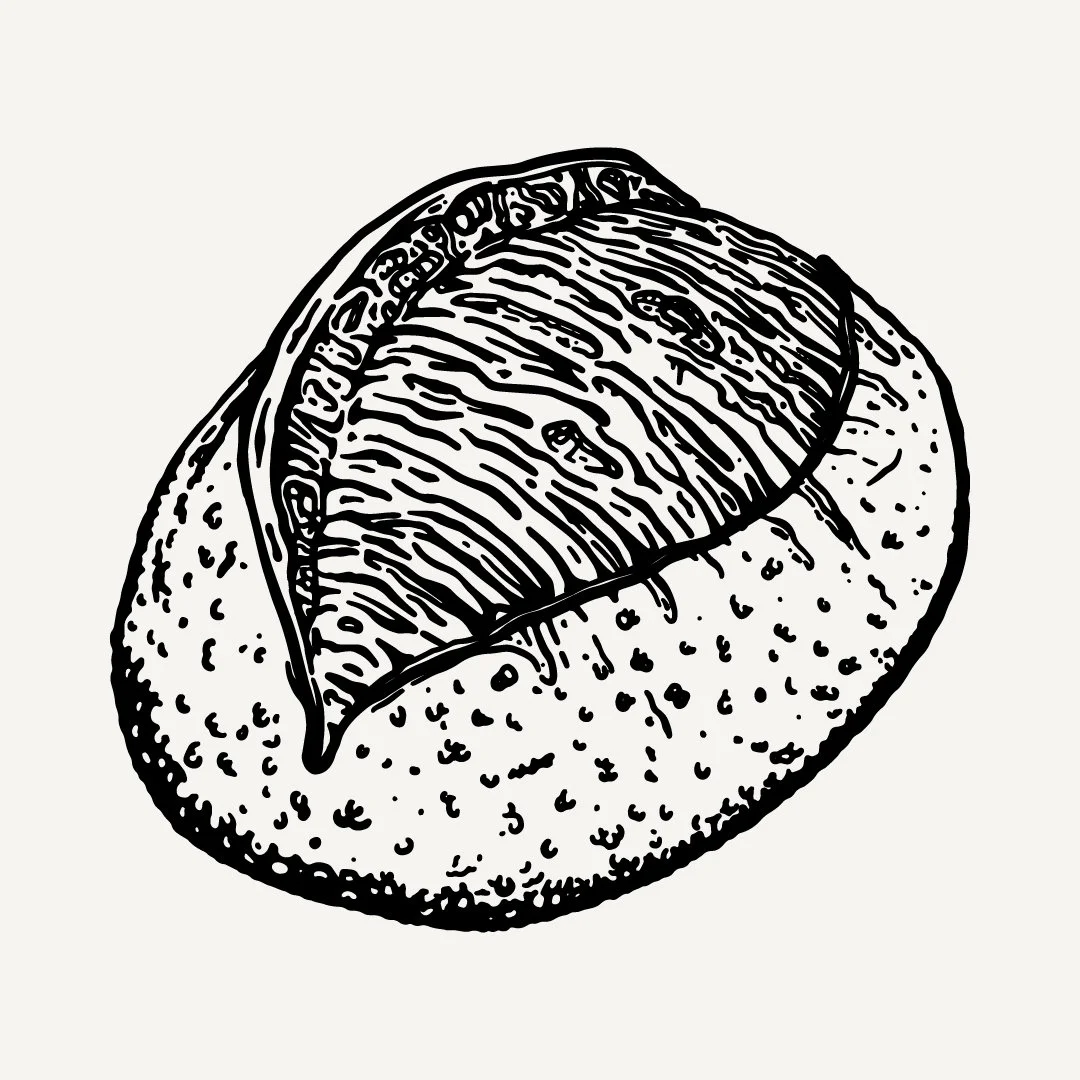 Hand-drawn illustration of artisan sourdough bread loaf