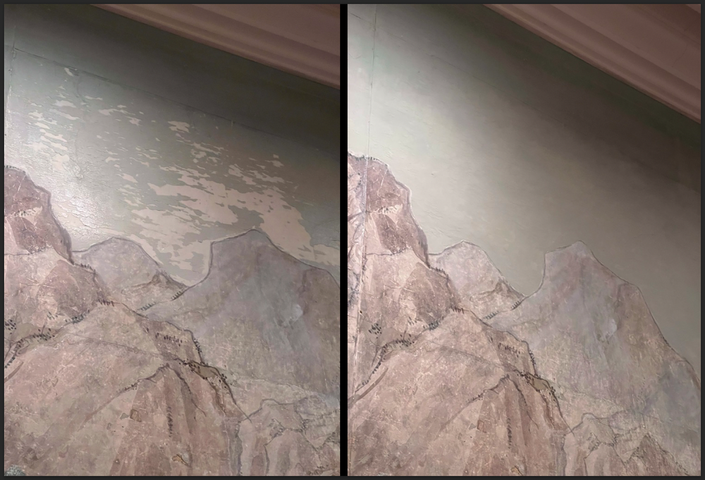 At The Dakota Residence in New York City a side-by-side comparison of a wall with peeling paint and an improved painted surface with a mountain landscape design.