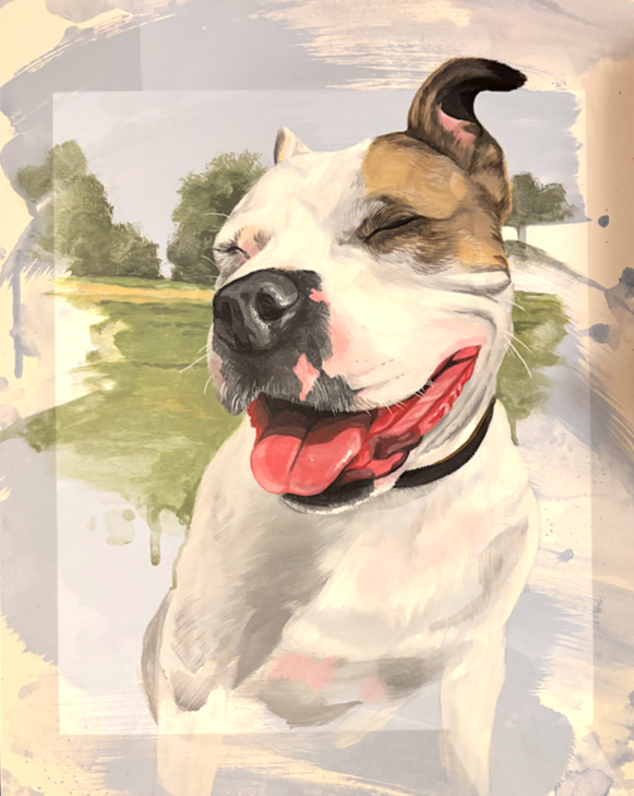 Abigail Tedesco's painted portrait of a smiling white and brown dog with its eyes closed and tongue out, outdoors with greenery in the background.