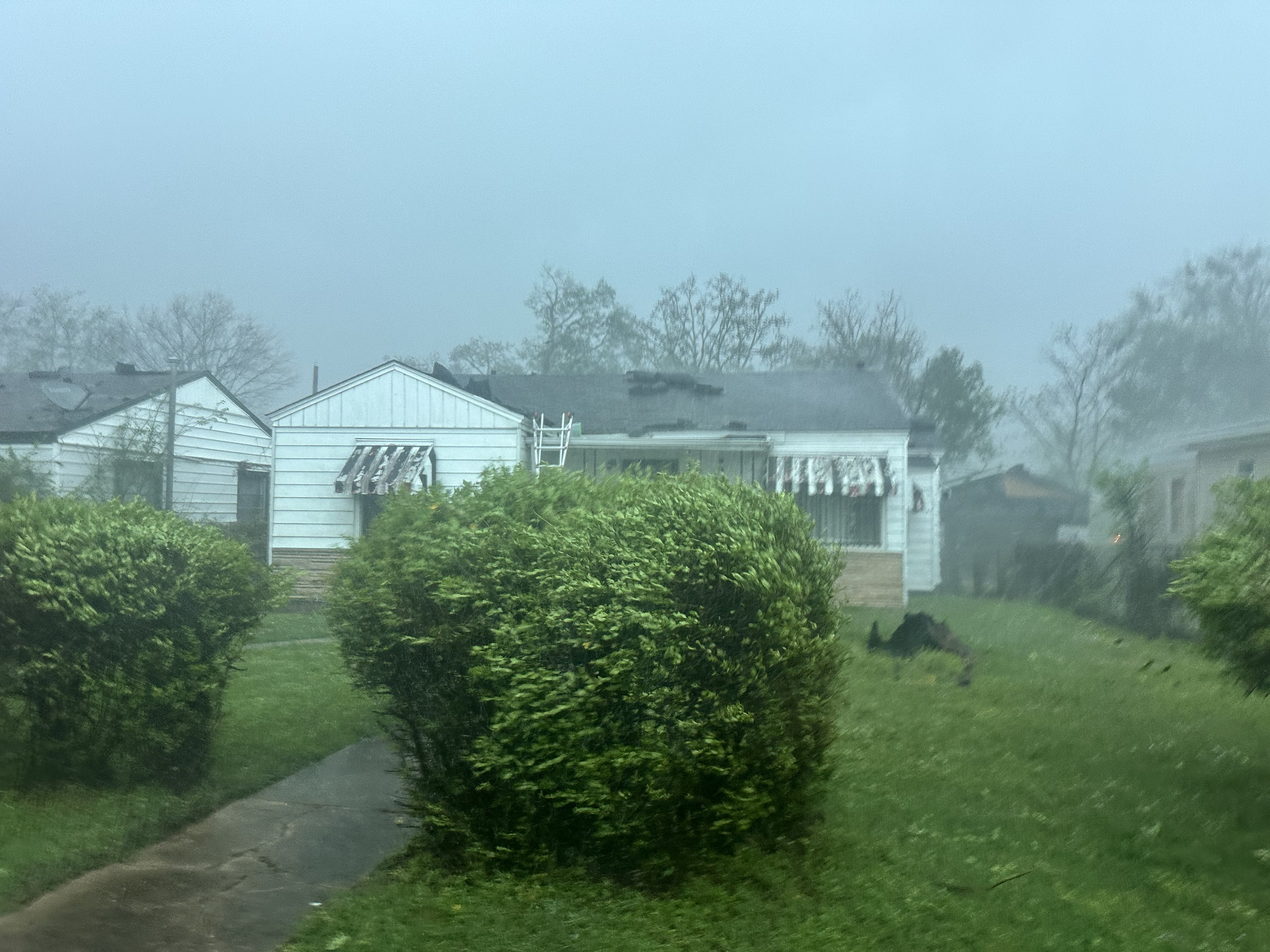 A photograph taken from inside a house showing a residential backyard during a heavy rainstorm or hurricane. The scene includes a sidewalk, green bushes, and multiple houses with white siding, some with awnings and small porches. The visibility is low due to the heavy rain and fog, and the sky is overcast.
