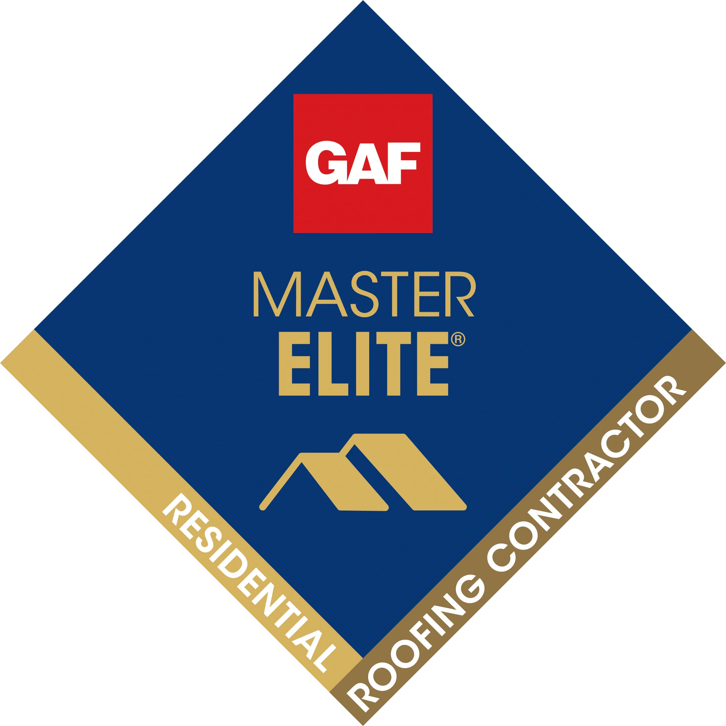 Blue diamond-shaped roofing shingle label with GAF Master Elite logo and gold and white text indicating residential roofing contractor.