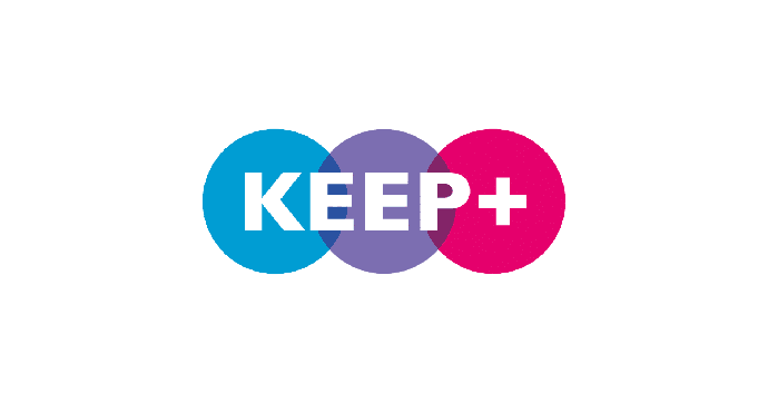 Keep+ logo with three overlapping circles in blue, purple, and pink.