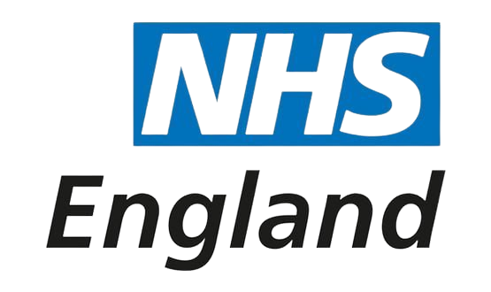 NHS England logo with the words 'NHS' in blue and white and 'England' in black and white.