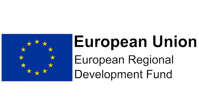 European Union flag with yellow stars in a circle on a blue background, alongside text that reads "European Union European Regional Development Fund."