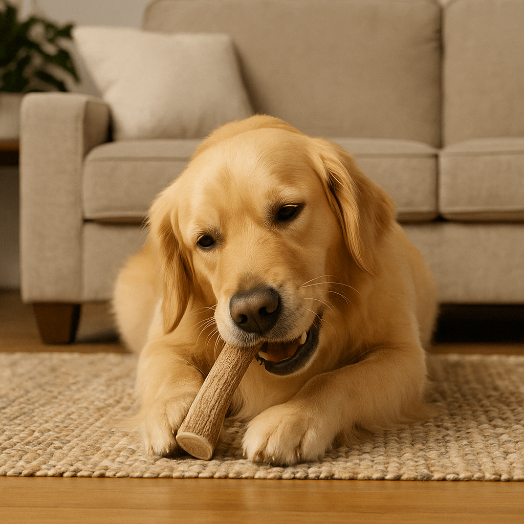 Golden Retriever Chewing on Antler