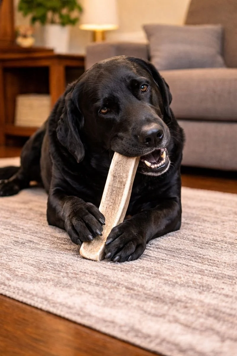 Lab chewing on split elk antler