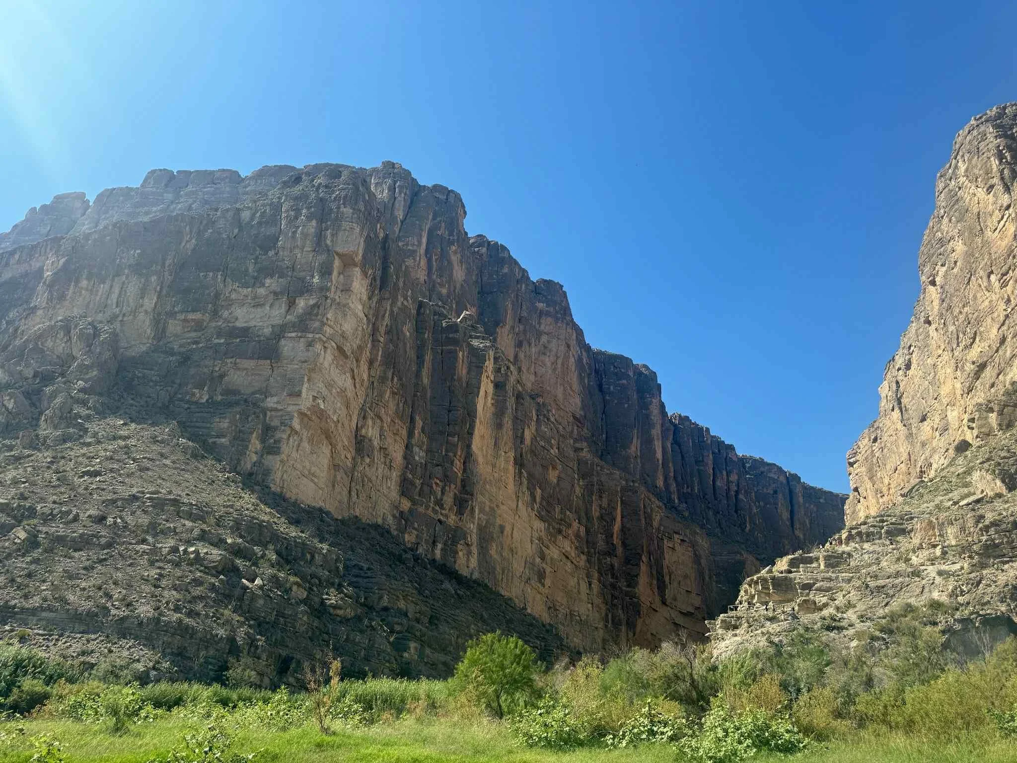 Canyon against a bright blue sky with vivid green grass in the foreground