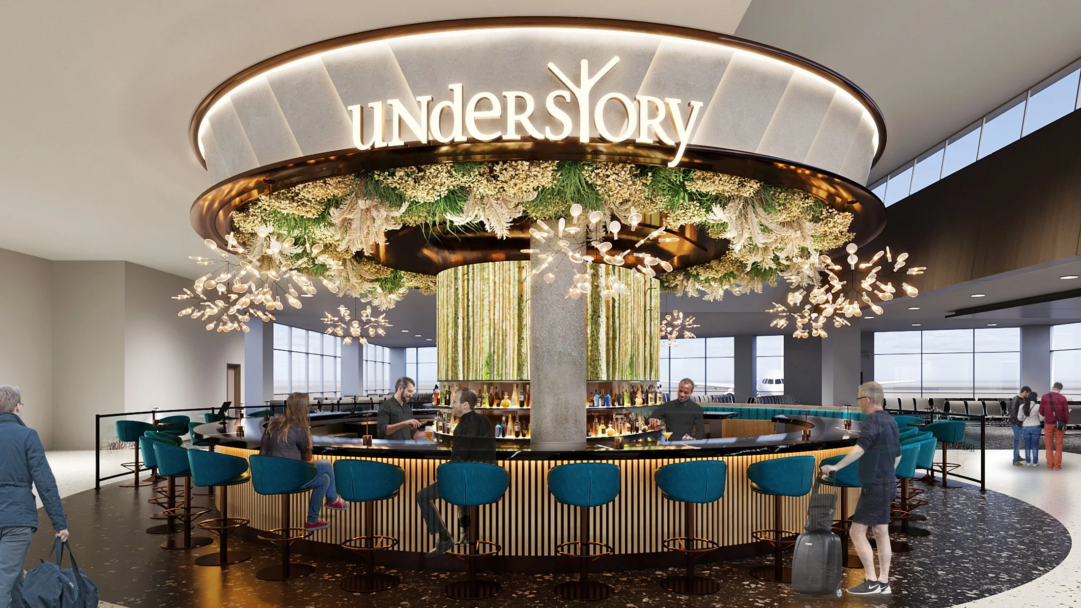 An airport bar with a circular shape, teal bar stools, and modern lighting fixtures, with large windows and passengers in the background.