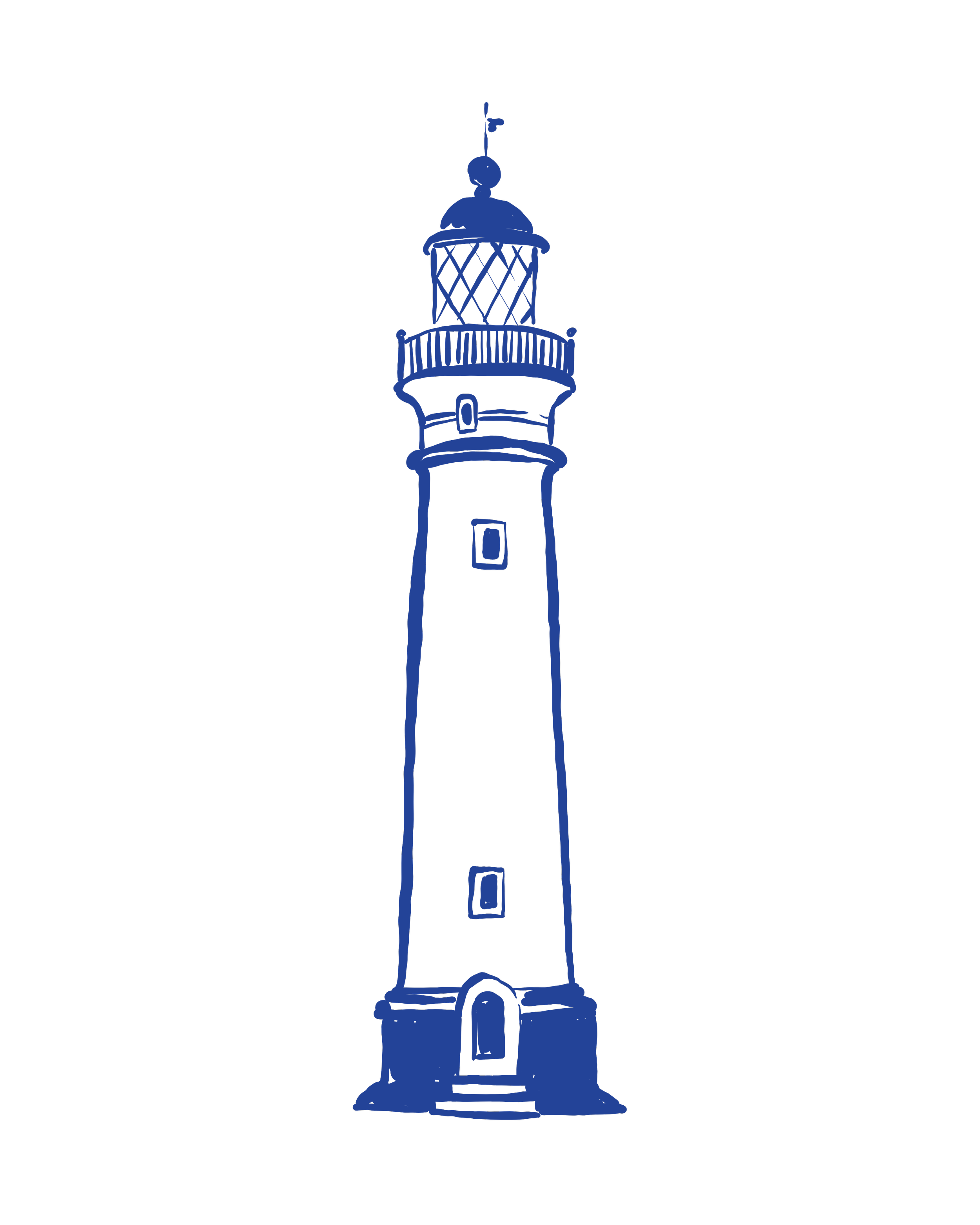 A digital drawing of a lighthouse in blue outline on a black background.
