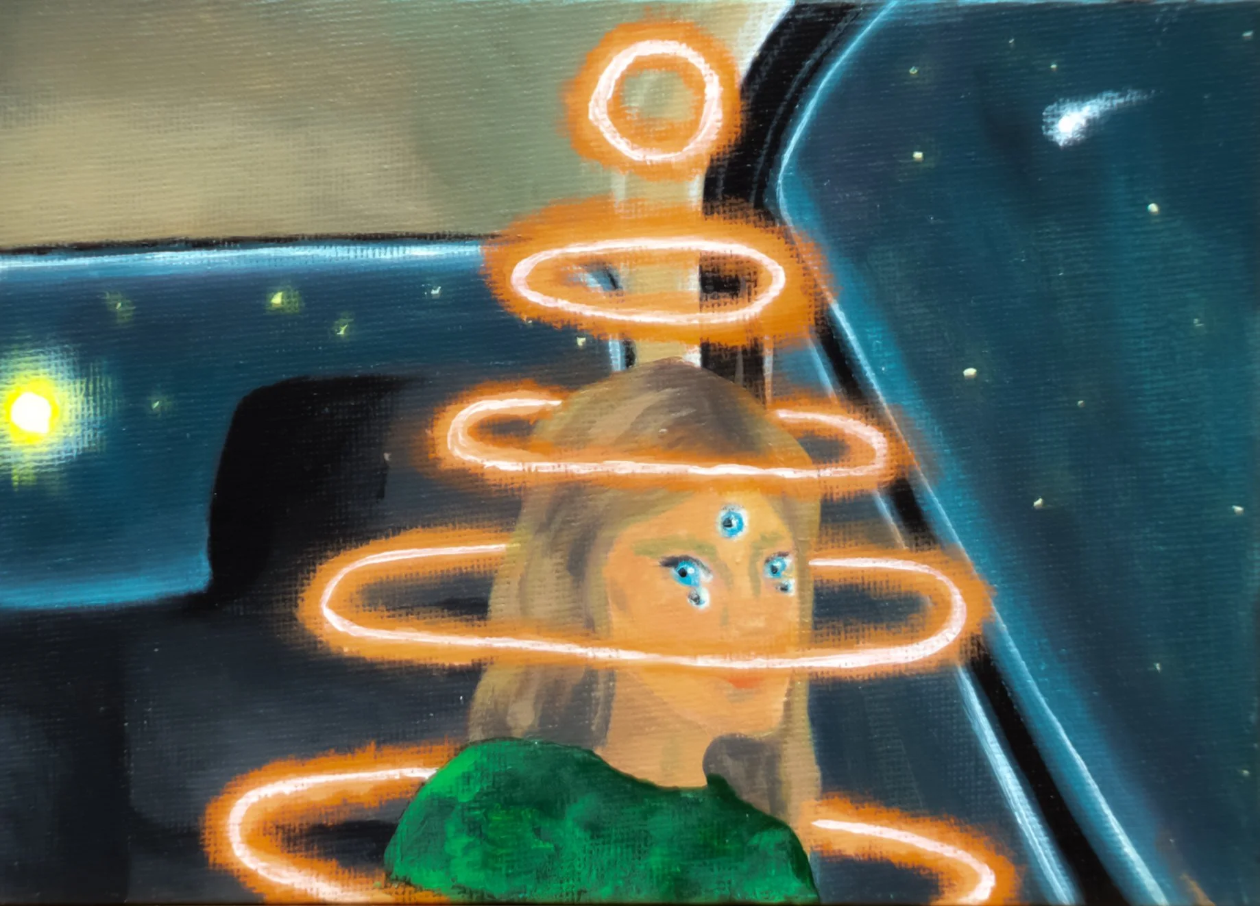 A painting of a woman with long hair and blue eyes, with a third eye on her forehead, surrounded by glowing orange rings, set against a starry background with planets.
