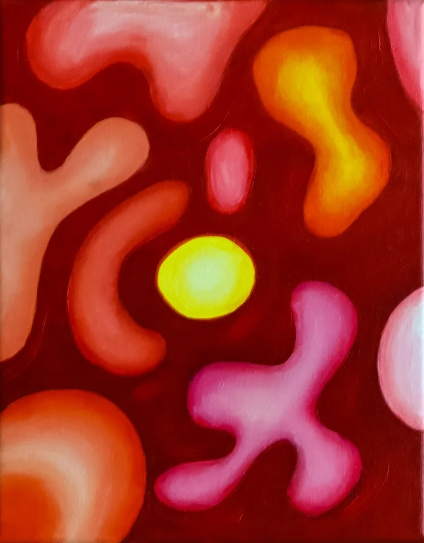 Abstract painting with multicolored amoeba-like shapes in pink, orange, yellow, and red on a dark red background.