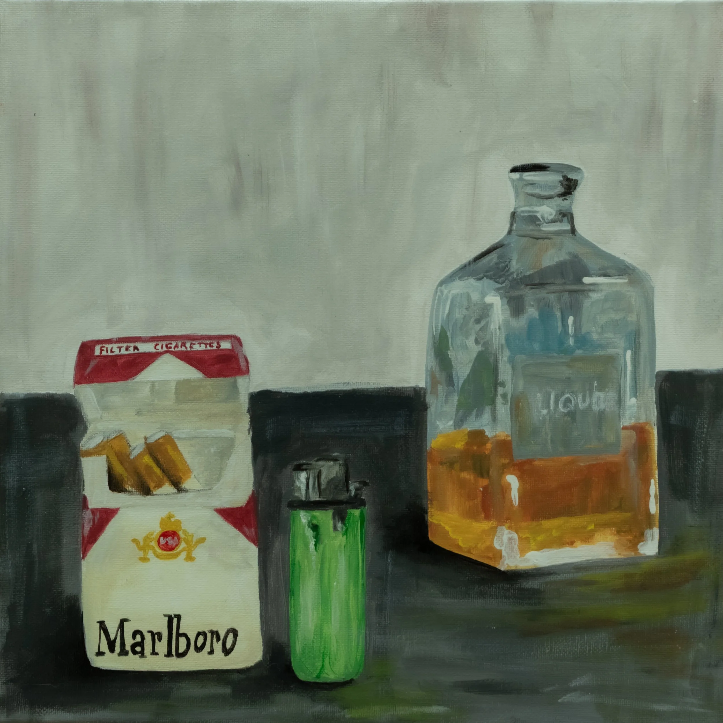 Painting of a pack of Marlboro cigarettes, a green lighter, and a liquor bottle on a dark surface with a plain background.
