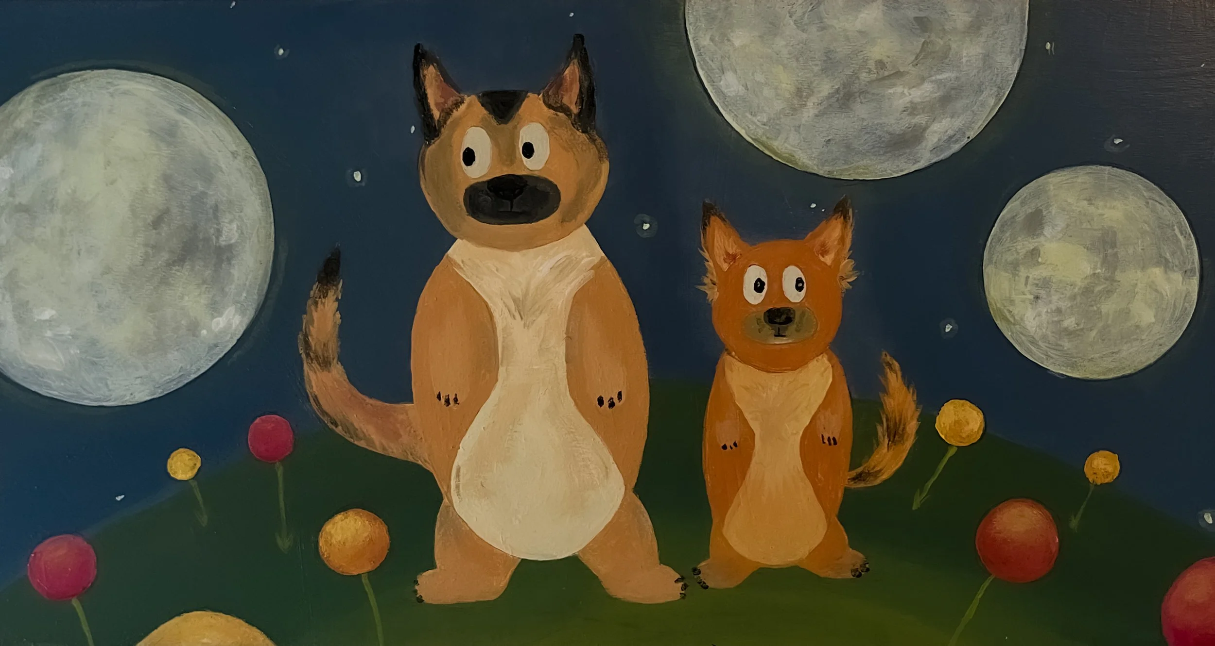 Painted illustration of two cartoon dogs standing on grass against a dark night sky with three large illuminated moons and colorful flowers.