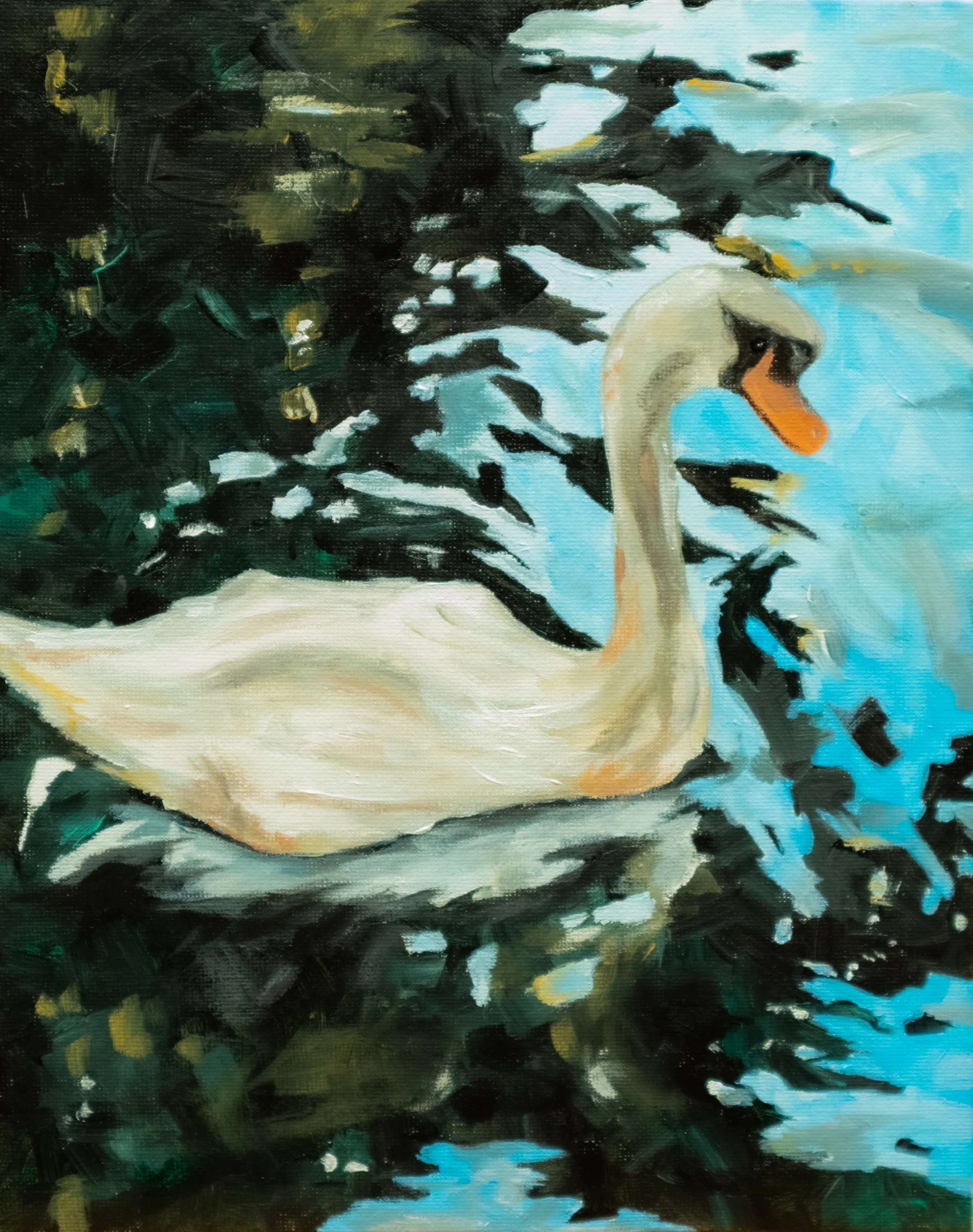 A painting of a swan swimming in a body of water with dark green and black trees in the background.