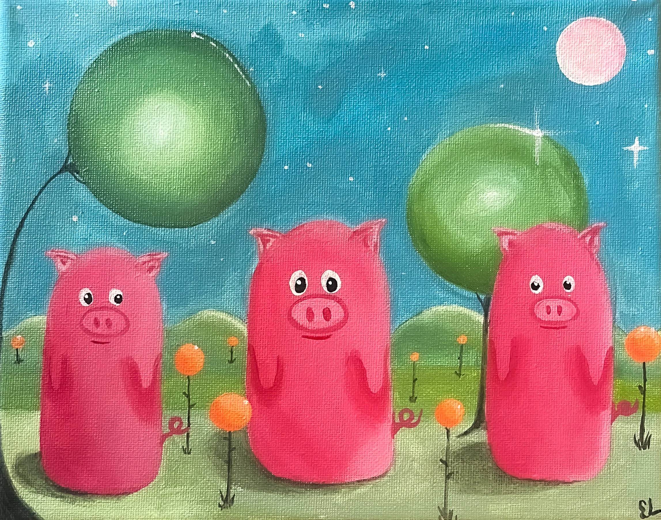 Three pink cartoon pigs standing in a field under a starry night sky with a pink moon. The pigs are surrounded by orange flowers and green trees, some balloon-shaped.