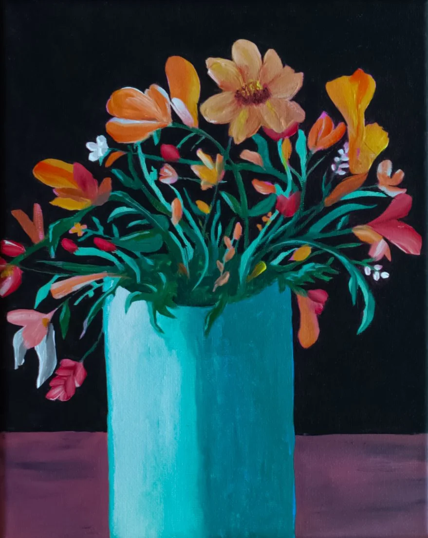 Painting of a bouquet of colorful flowers in a light blue vase on a purple surface, background is black.