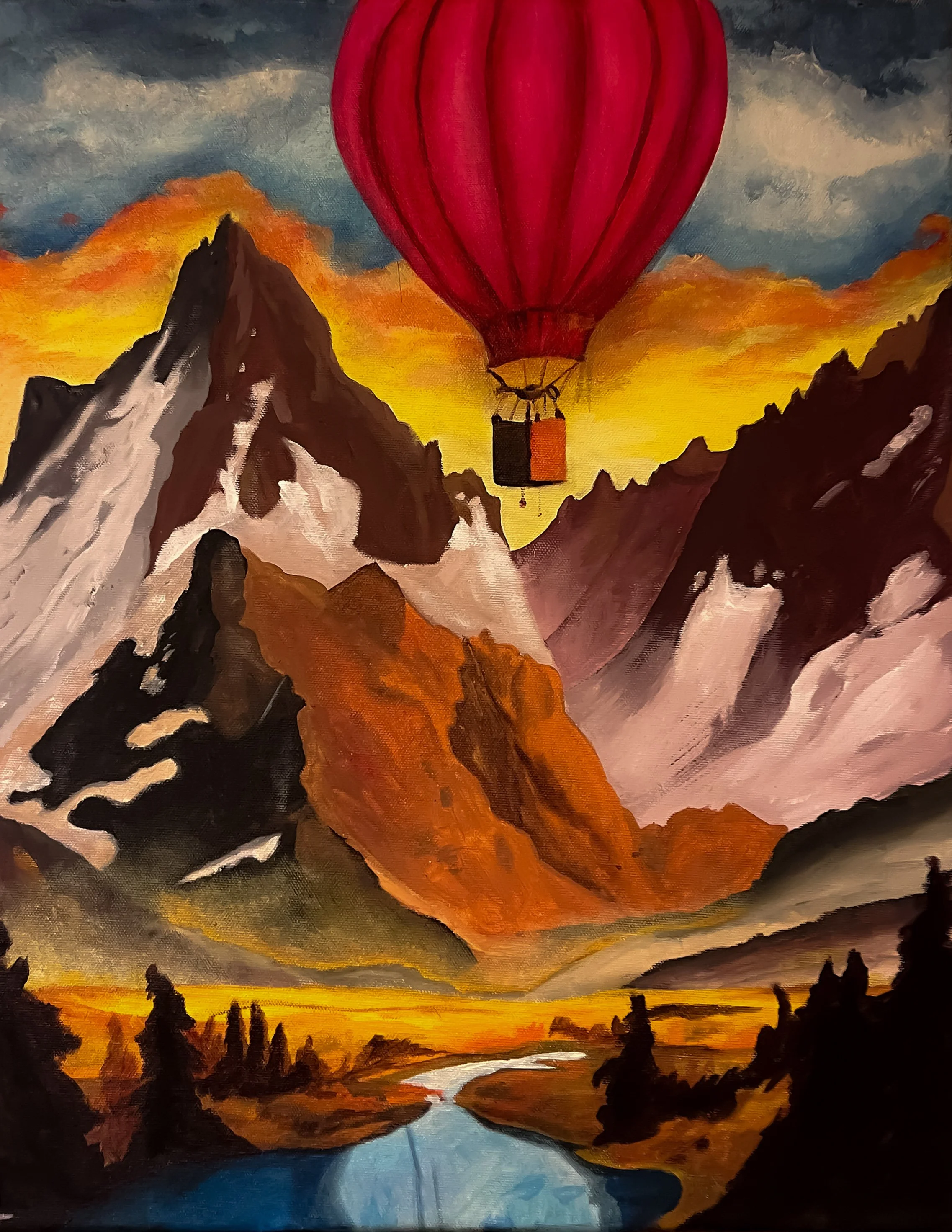 Painting of mountains with snowy peaks at sunset, a river in the valley, and a red hot air balloon flying above.