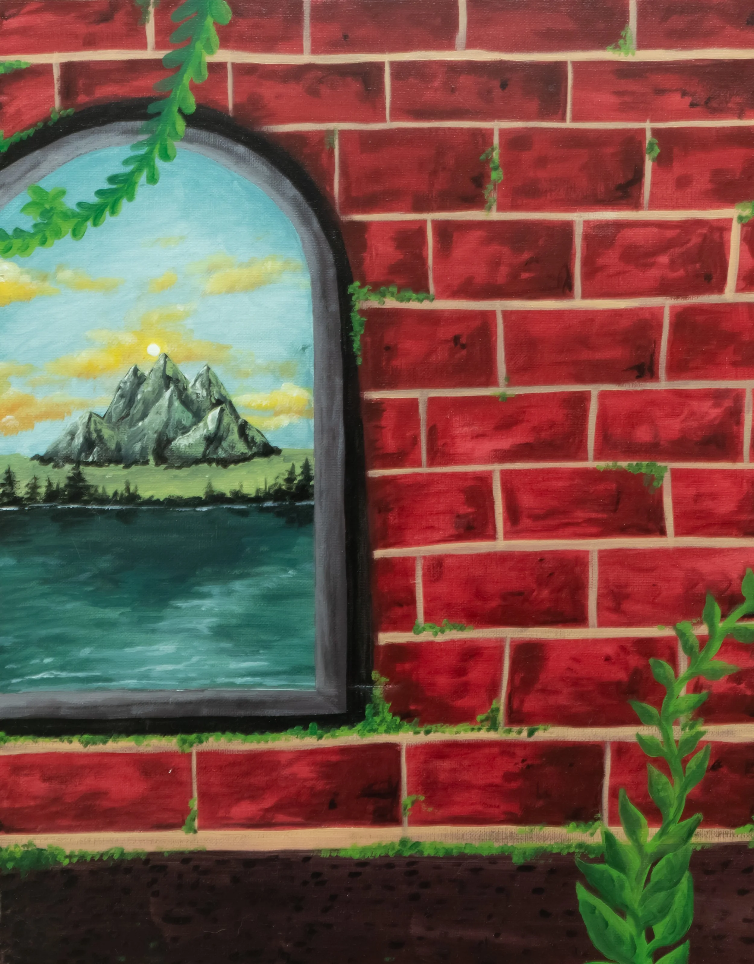 Painting of a landscape visible through a window in a red brick wall. The landscape features mountains, a river, trees, a bright sky with clouds, and a setting or rising sun.