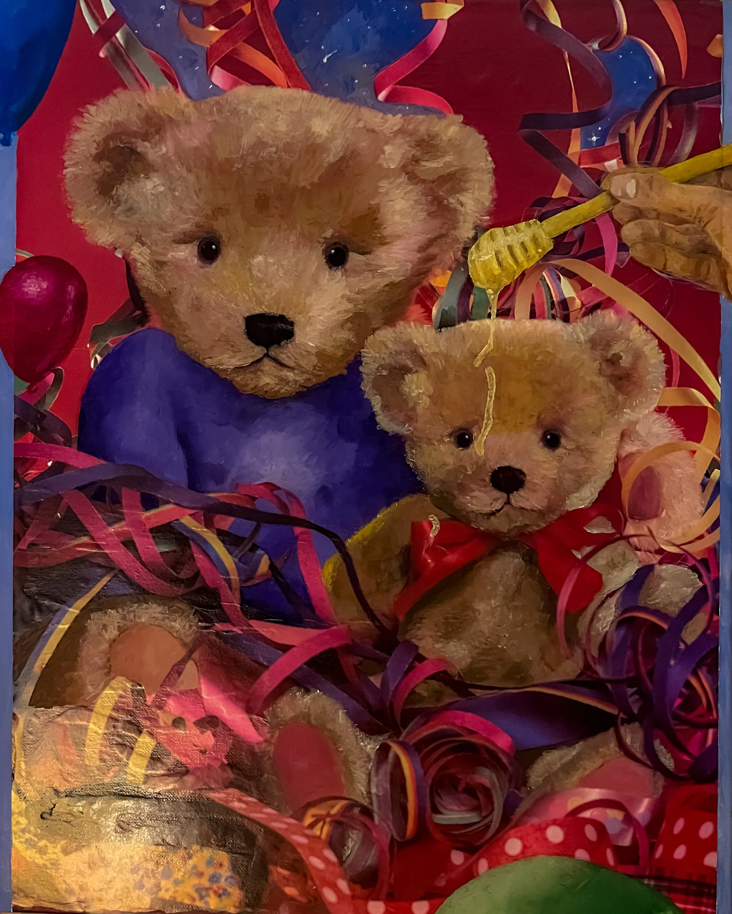 Painting of two teddy bears surrounded by colorful ribbons with a red background.