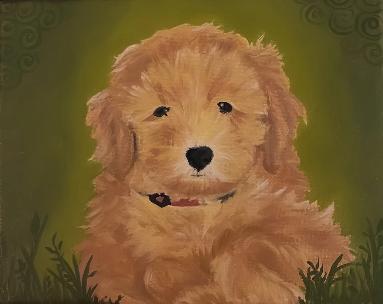 Painted portrait of a golden retriever puppy with a green background and some foliage at the bottom.