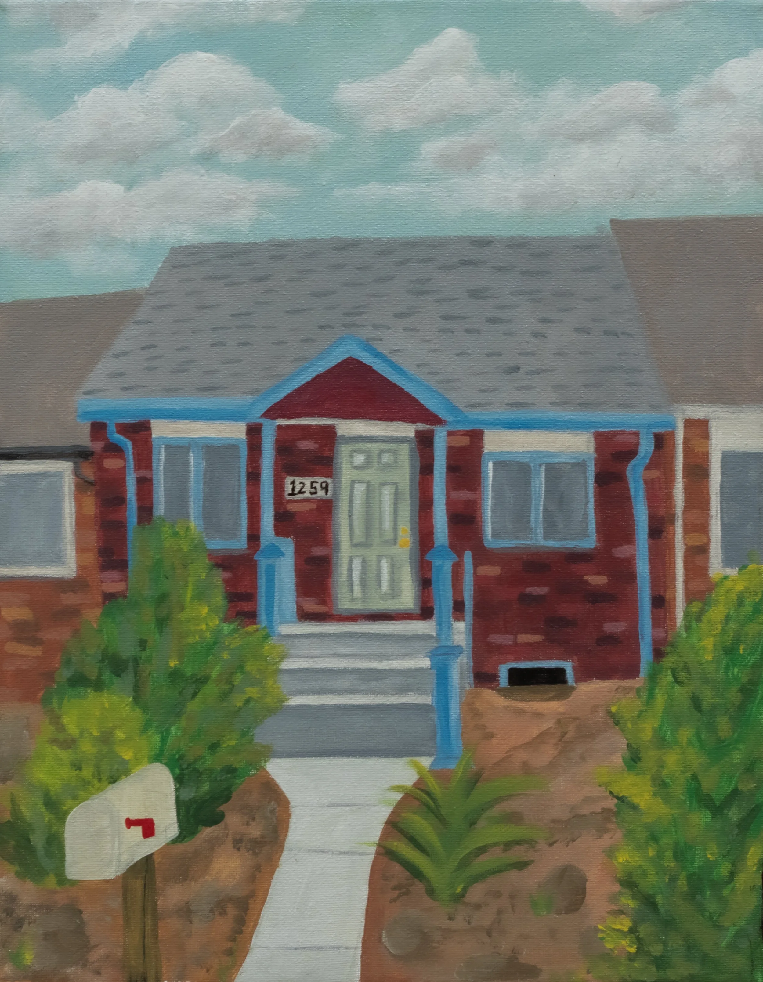 Painting of a brick house with a gray roof, green door, blue trim, and yard with bushes, a sidewalk, and a mailbox.