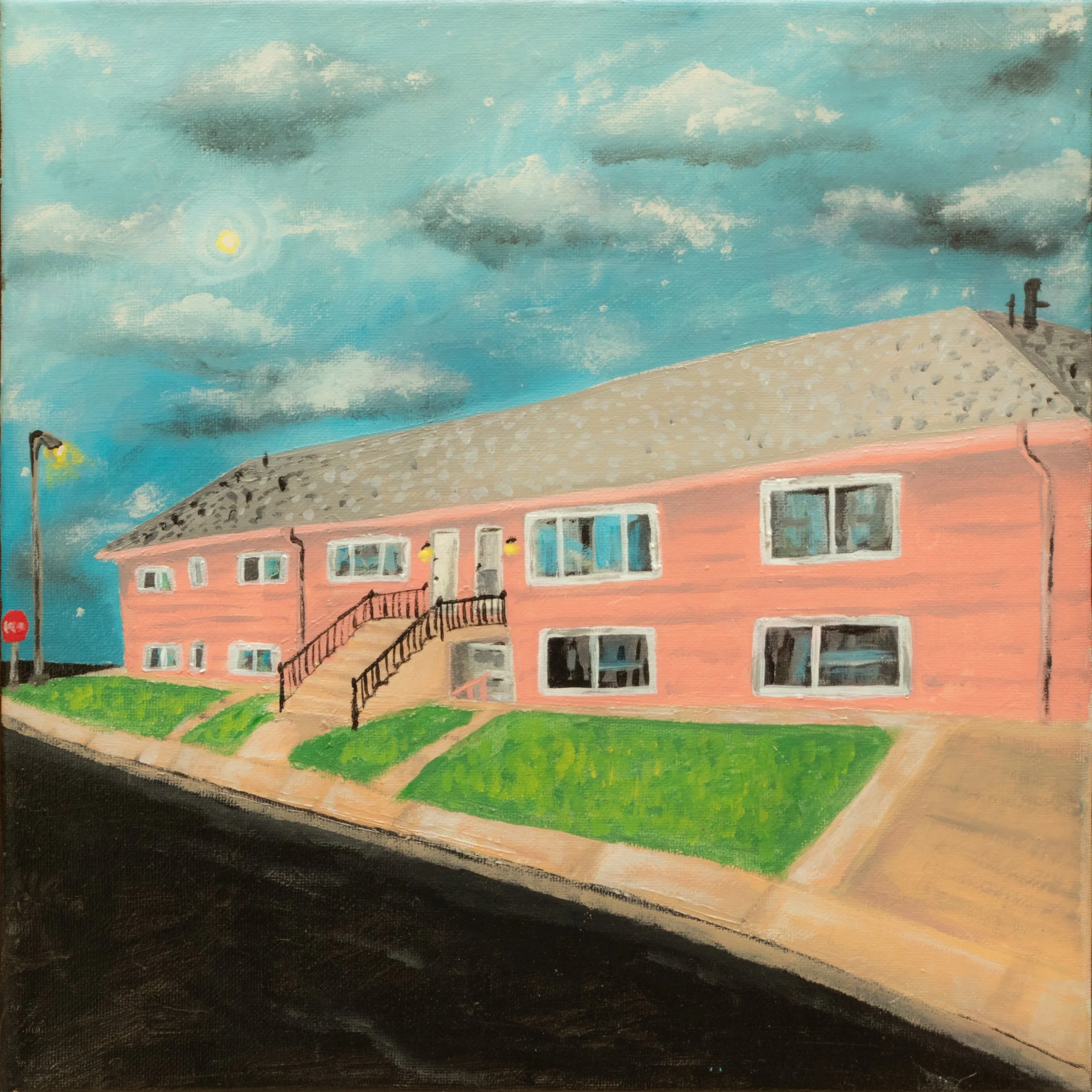 A painting of a pink two-story residential building with a grey roof, surrounded by a sidewalk, green lawn, and a streetlamp under a partly cloudy sky during daytime.