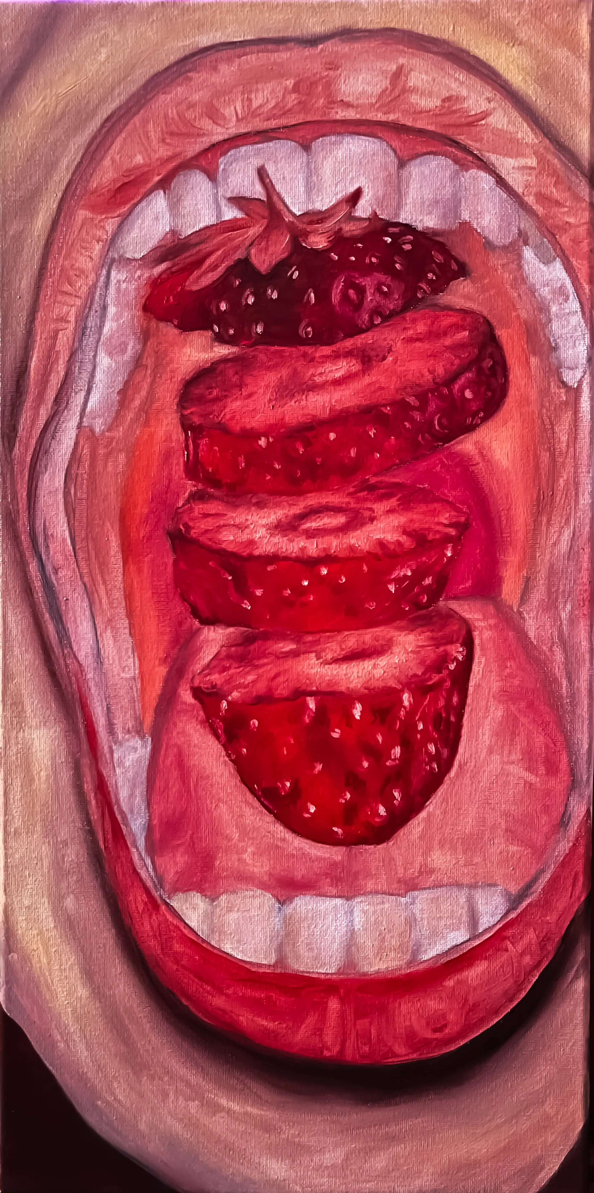 Close-up of a mouth with no lips, showing strawberries and cream inside.